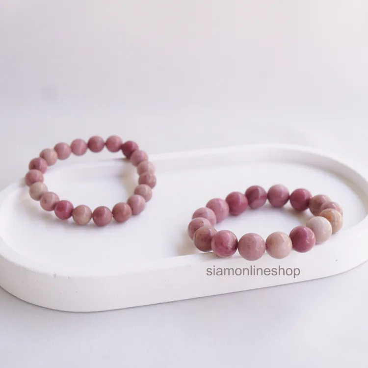 RHODONITE หินโรโดไนต์ สีชมพู เลือกขนาดเม็ดหินได้ (4-12 มม.) หินแห่งความสงบของจิตใจ สร้อยข้อมือหินแท้