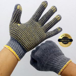 PERPASANG Sarung Tangan Benang Abu-Abu Bintik Kuning PVC Dotting Polkadot