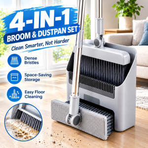 4-in-1 Household Broom Dustpan Set Dense Bristles Floor Sweeper for Kitchen Living Room
