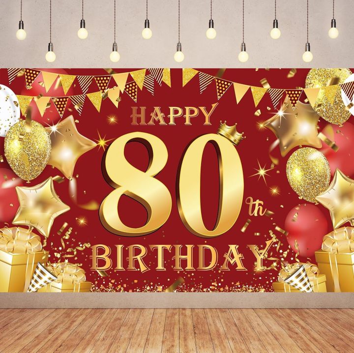 7x5ft Red Gold Birthday Photography Backdrops Red Gold Happy 80th