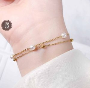 Gelang Tangan 2 Layer Titanium Gold Mata Putih CXB19032401
