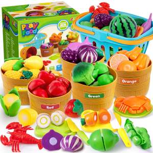 Joyfy 60 pcs Play Food Set for Kids Kitchen Color Sorting Toy Food for Boys Girls Pretend Play Fake Food Toy for Toddlers