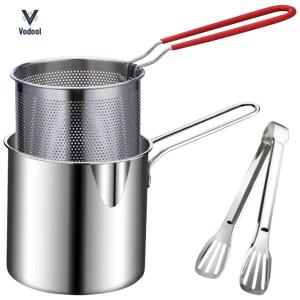 Tempura Fryer Pan with Strainer & Food Tongs Stainless Steel Deep Fryer Pot Milk Warmer Pot for Kitchen Fried Chicken[Vodool Shophouse]