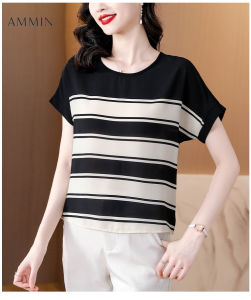 AMMIN Korean style fashion temperament round neck short-sleeved chiffon blouse 2023 summer new stripes loose large size comfortable thin tops