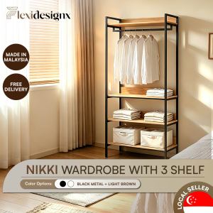 Flexidesignx NIKKI Hanging Wardrobe Open Clothes Rack 3 Shelf Metal Frame 80cm Natural