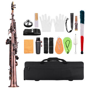 [ammoon]Brass Straight Bb Soprano Saxophone Nickel Plated Sax Woodwind Instrument Carve Pattern with Case Gloves Cleaning Cloth Straps Brush (Red)