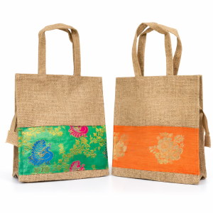 Jute Lunch Bag with Peacock & Flower Design Print | Zip Closure Multipurpose Tote for Grocery & Shopping | Eco-Friendly Bag | Pack of 1 | Size: 10(H) x 10(W) inches