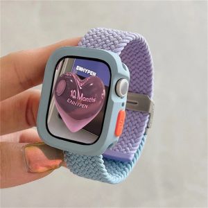 Korean Cute Braided Strap + Case For Apple Watch Band 44mm 40mm 45mm 41mm 49mm Elastic Nylon Bracelet For iWatch Series 9 8 SE 7 6 5 4