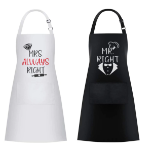 Couple Apron Set Polyester Kitchen Cooking Apparel Adjustable Ties MR & Mrs Design Black Matching Outfit Protection