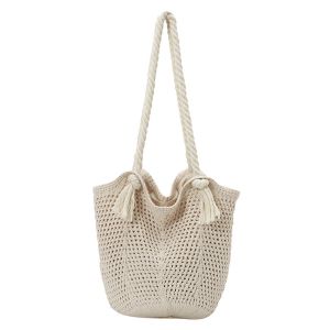 RJZ28 Bohemian Knitted Shoulder Bag Hollowed Out Sweet Crochet Tote Bag Fashion Large Capacity Sundries Storage Bag Outdoor/Travel