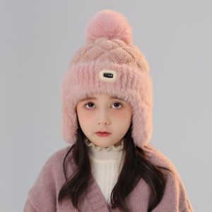 U85IS1 Solid Color Kids Winter Hat Thick Yarn Double Pompon Toddler Earflap Beanie Warm Thermal Beanie Elastic Weave Children Knitted Cap Baby Boys