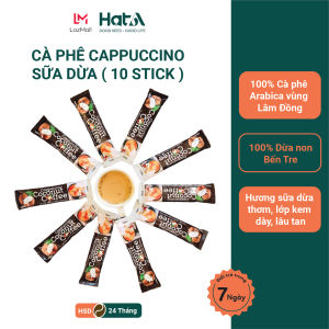 Combo 10 Gói cà phê hòa tan capuchino sữa dừa 4 In 1 Hạt A Cafe Vị Cốt Dừa Tự Nhiên - 18g/Gói - sử dụng cà phê rang xay nguyên chất và cốt dừa tự nhiên vị đắng nhẹ thơm ngon béo ngậy