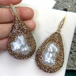 Natrual Baroque Freshwater Pearl Water Drop Earrings Leather Grey Rhinestone Crystal Jewelry for Women Snake Skin Pattern Back h260610