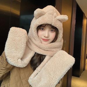 Womens cute plush scarf autumn and winter bear warm hat with ear scarf cute bear plush hat