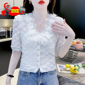 HZW 2023 summer short-sleeve hollow-out blouse slim puffed sleeve V-neck single breasted sweet top