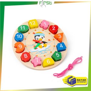 FH-M330 Mainan Edukasi Anak Puzzle Jam Kayu Motif Penguin Lucu / Puzzle Jam Dinding Mainan Kayu