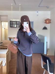 AMMIN 2025 Early Autumn New Color Block Striped Fashion Unique Button Polo Collar Lazy Style T-Shirt for Women Korean Style Long Sleeve Casual Elegant Blouse