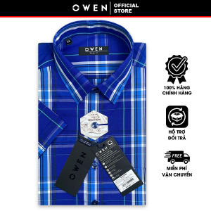 OWEN SALE - Áo Sơ Mi Owen Tay Ngắn Màu Xanh - Trắng  Họa Tiết Sọc Form Body Fit Lai Ngang Chính Hãng