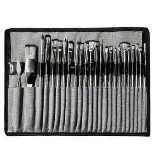 NEXTYOO with Scraper 24Pcs Artist Paint Brushes Set Nylon Hair Cloth Roll Paint Brush Bag Pack Wooden Handle Watercolor Brush Pen