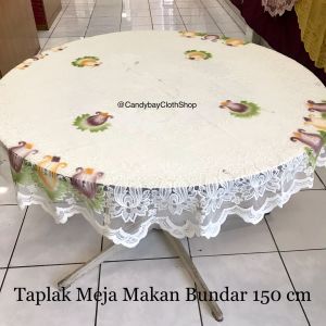 Taplak Meja Makan 4 Kursi Bundar 150 cm Print Bahan kain Polyester Corak Bunga Pucuk Teratai
