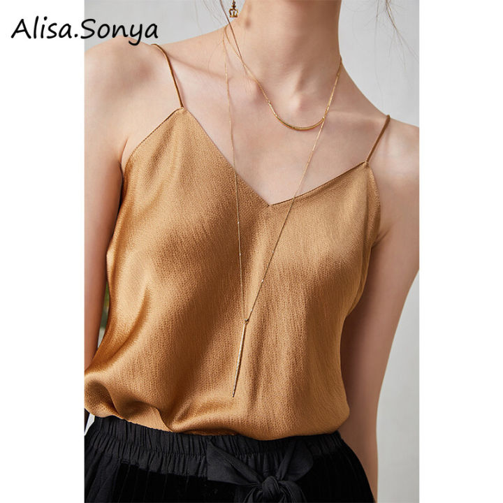 clearance) Alisa.Sonya Women's Vest Camisole Satin Draped Neck