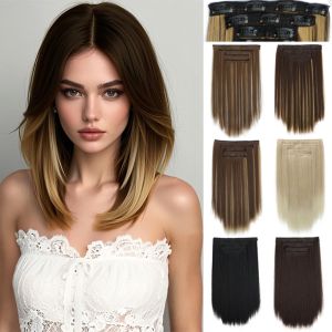 KINTHAZER 4Pcs/set Synthetic Clips in Hair Extensions 14Inch Simulated Brown Blonde Hairpieces Natural Seamless Short Straight Hairstyle for Women