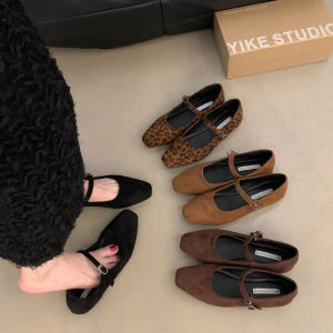 รองเท้าแมรี่เจนสไตล์เกาหลีสำหรับผู้หญิง รองเท้าส้นแบนแฟชั่นสำหรับผู้หญิง หัวสี่เหลี่ยม วัสดุหนังกลับ