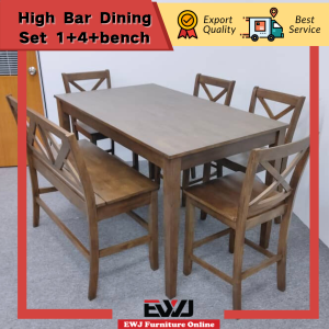Ready Stock EWJ 682 Full Solid Wood High Bar Dining Set 1+4+bench Walnut / Set Meja makan Kayu Asli