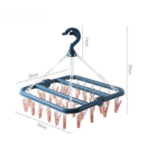 32 Clips Foldable Clothes Hanger Windproof Socks Underwear Bra Baby Cloth Drying Rack Penyangkut Baju