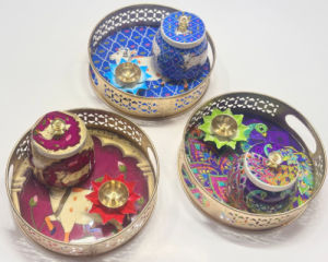 Pichwai Printed Decorative 8-Inch Metal Tray Set – 3 Pcs (Tray Jar & Diya) | Budget & Return Gift | Festive Home Décor Pooja Decor