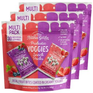 Natures Garden Probiotic Yoggies Multi Pack 21oz (Strawberry Yoggies 15x0.7 oz +Mixed Berry Yoggies 15x0.7 oz) Strawberry and Mixed Berry Yogurt Covered Snack High Fiber Real Fruit Pieces No Artificial Flavors or Colors Snack for Adults