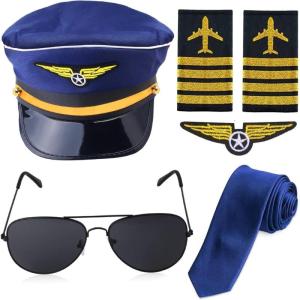 Captain Costume Accessory with Hat Epaulettes Embroidered Applique Neck Tie Glasses for Men Halloween Cosplay