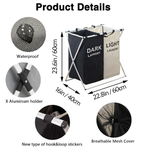 NUVOX Laundry Basket Hamper 3 Section Dirty Clothes Hamper with Mesh Cover Foldable Aluminum Frame Laundry Sorter Organizer for Bathroom Bedroom Nursery