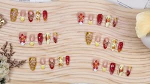 30Pcs 3D Fall Press on Nails Medium Almond Maple Leaf Fake Nails Handmade Acrylic Nails Autumn Flower Rhinestones Glue on Nail French Tip False Nails Thanksgiving Gold Leaves Artificial Nail Decor