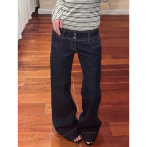 Womens American Blue Button Design Jeans Low Waist Straight Leg Loose Wide Leg Drapey Long Pants Y2K Style Slimming Denim2026