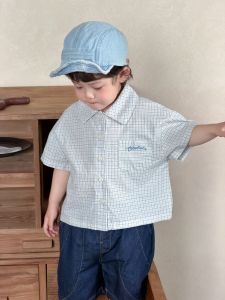 Childrens plaid short-sleeve shirt and denim shorts summer thin style 2026 Korean-style childrens clothing baby outfit boys suit