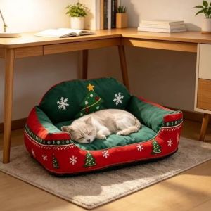 GENENIC Washable Christmas Pet Sofa Bed Christmas Tree Elk Design Soft Plush Cat Sleeping Mat Pet Sofa Couch Anti-Slip Pet Sleeping Bed Winter