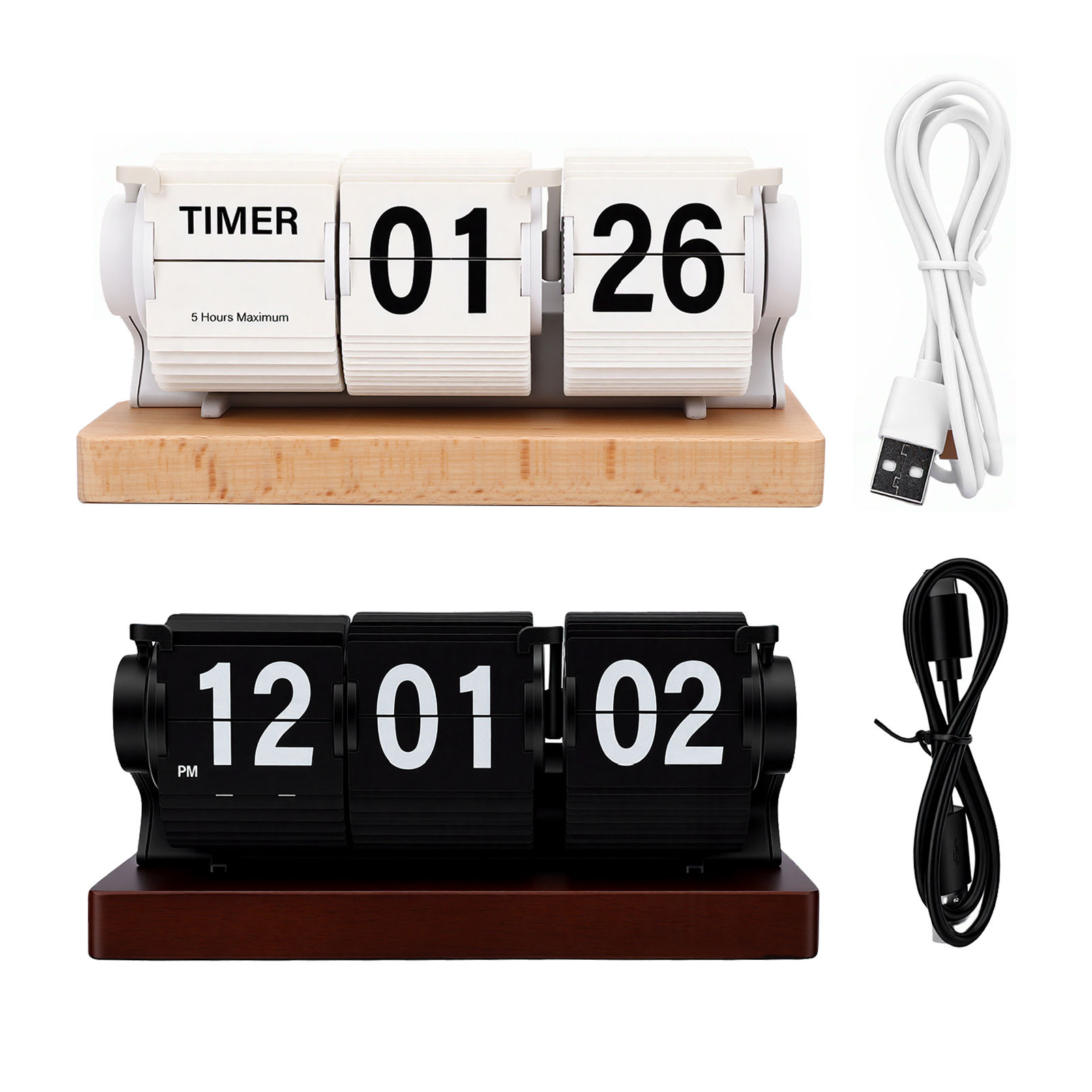 Modern Desktop Clock Decdeal Flip Clock Mechanical Quartz Movement USB Powered Retro Wooden ...