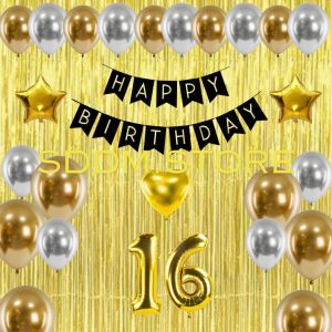 Dekorasi Acara Pesta Ulang Tahun Anak Warna Gold Banner Tirai Gratis Balon Angka
