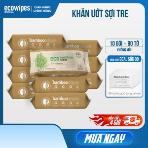 Thùng 10 gói khăn ướt  vải sợi tre sinh thái kháng khuẩn ecoBamboo EcoWipes gói 80 tờ không mùi dùng được cho da mụn