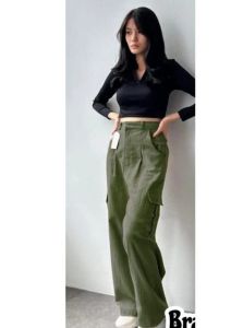 Celana Cargo Highwaist Loose Linen Crinkle / Celana Cargo Wanita Korean Style / Celana Jogger Wanita