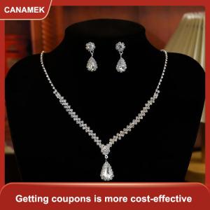 【CANAMEK】 1 Bộ Vòng cổ cô dâu bông tai nước hình giọt nước Rhinestone đồ trang sức phong cách Đồ trang sức lấp lánh thiết lập cho đám cưới bên món quà