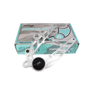Motorcycle Fun Times Rear Swingarm CNC Process High Quality Silver Metal Component with Black Circular Element and Included Hardware