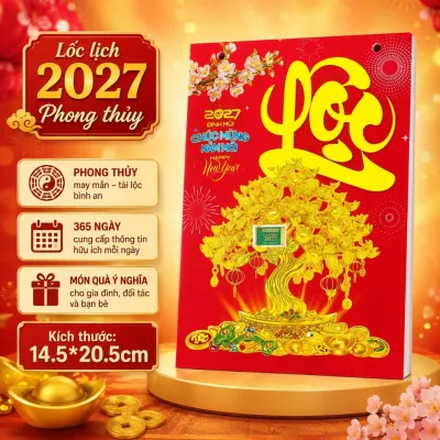 Lốc lịch 14.5*20.5cm Đinh Mùi 2027 chủ đề phong thủy có ngày giờ hoàng đạo giấy bóng đẹp số to