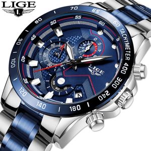 LIGE Đồng Hồ Nam thời trang Đồng hồ thạch anh bằng thép không gỉ Đồng Hồ Nam Chống Nước quân đội Chronograph thể thao dành + Hộp miễn phí