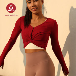 Moving Peach Yoga Long sleeve For Women V-Neck Gym Crop Top Front- knot detail Soft Breathable workout Pilates Dance Running Daily wear 1pc long sleeve without inner bra ASX