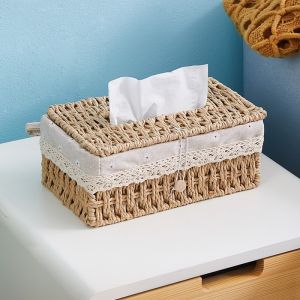SG RumahHome® Nordic Woven Rope Tissue Box Holder Kitchen Paper Towel Storage Box Home Decor for Towel Bedroom Bathroom