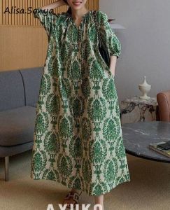 Alisa.Sonya Womens Cotton Dress Korean Style Green Floral V-Neck Short sleeves Loose Waist Casual Long Maxi Dress For Women Plus size