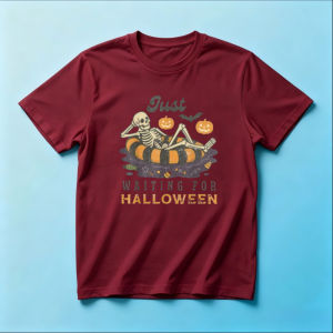 Just Waiting For Halloween T Shirt Men Relax Skeleton Swim Ring Pumpkin Bat Distressed Graphic Holiday Cotton Casual Tee