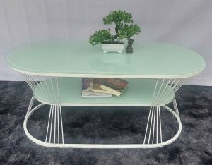 Bàn trà sofa - Bàn decor ovan 2 tầng eo ti - Khung sẳt sơn tĩnh điện mặt kính cường lực 50*100